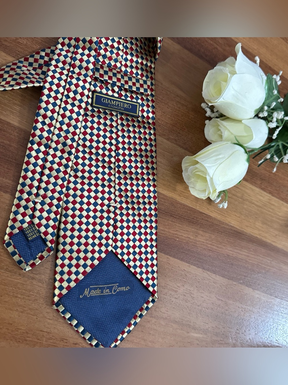 #24 Classic Red & Cream Geometric Silk Tie